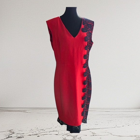 Mango Asymmetrical Red Dress with Blue Lace Size XL - Picture 1 of 6